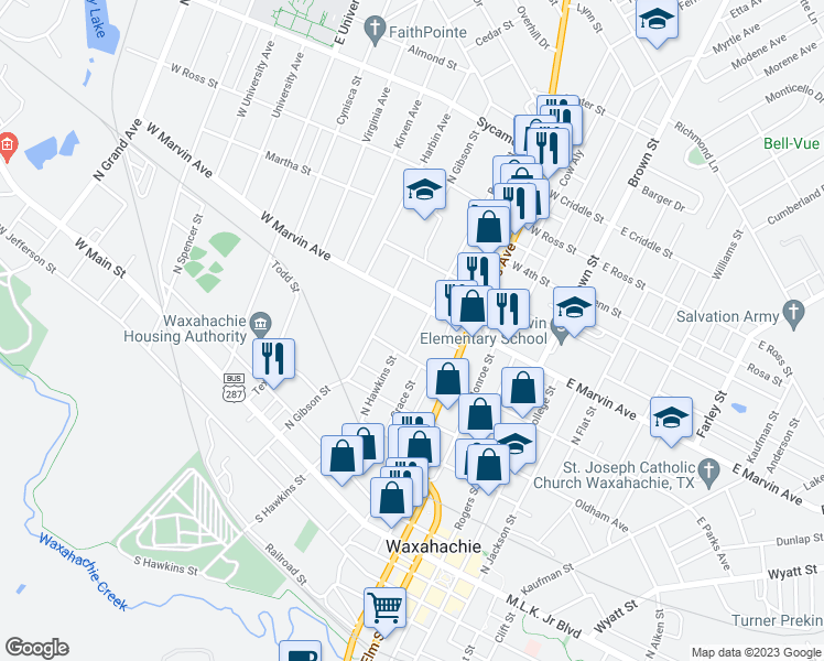 map of restaurants, bars, coffee shops, grocery stores, and more near 505 West Marvin Avenue in Waxahachie
