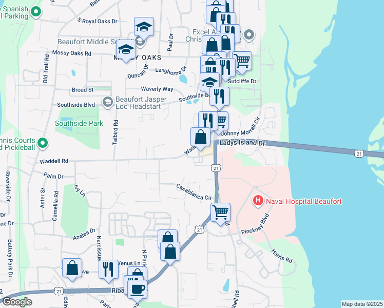 map of restaurants, bars, coffee shops, grocery stores, and more near 2213 State Road S-7-233 in Port Royal