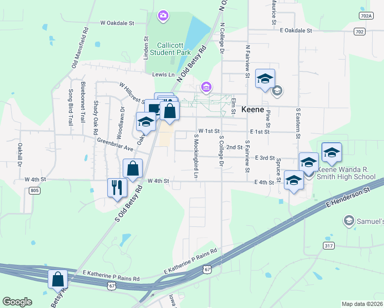 map of restaurants, bars, coffee shops, grocery stores, and more near 214 South Mockingbird Lane in Keene