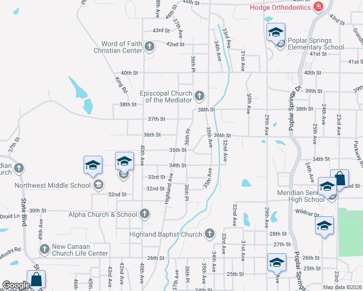 map of restaurants, bars, coffee shops, grocery stores, and more near 3512 36th Avenue in Meridian