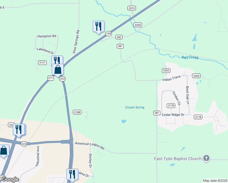 map of restaurants, bars, coffee shops, grocery stores, and more near 8261 County Road 381 in Tyler