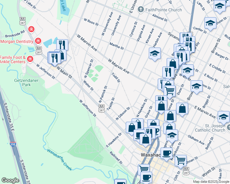 map of restaurants, bars, coffee shops, grocery stores, and more near 39 Textile Street in Waxahachie