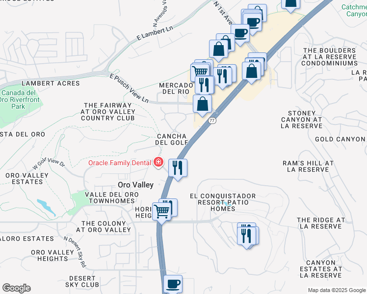 map of restaurants, bars, coffee shops, grocery stores, and more near 10333 North Oracle Road in Oro Valley