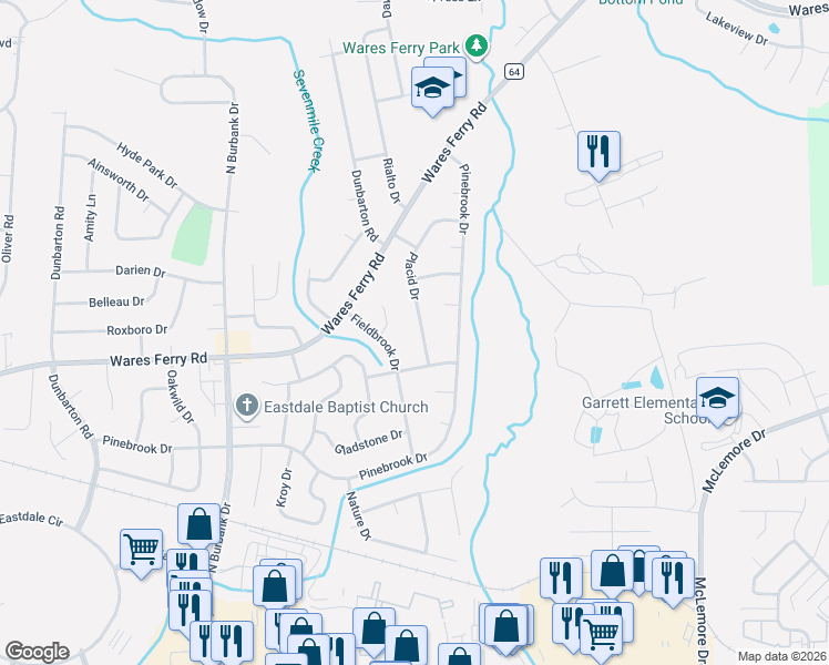 map of restaurants, bars, coffee shops, grocery stores, and more near 535 Placid Drive in Montgomery
