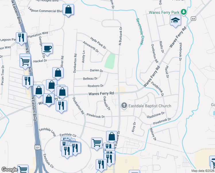 map of restaurants, bars, coffee shops, grocery stores, and more near 5834 Roxboro Drive in Montgomery