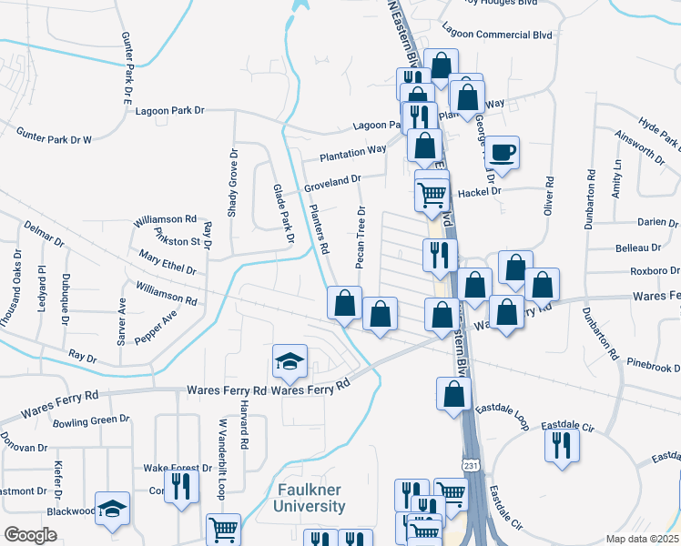 map of restaurants, bars, coffee shops, grocery stores, and more near 436 Planters Road in Montgomery