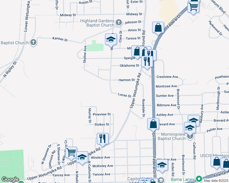 map of restaurants, bars, coffee shops, grocery stores, and more near 2414 Willena Avenue in Montgomery