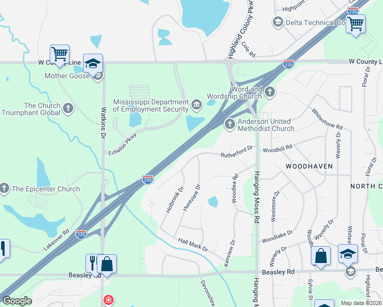 map of restaurants, bars, coffee shops, grocery stores, and more near 852 Rutherford Drive in Jackson