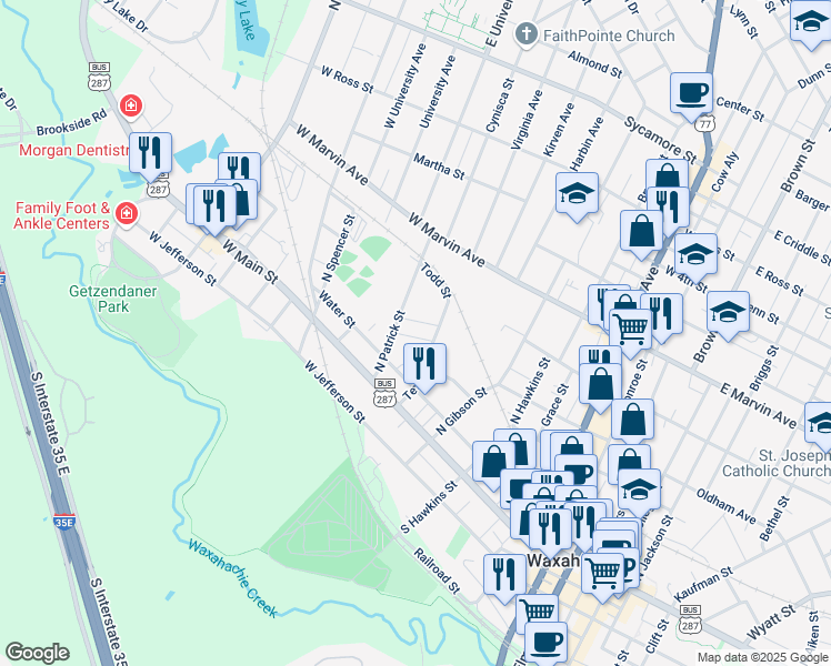 map of restaurants, bars, coffee shops, grocery stores, and more near 39 Textile Street in Waxahachie