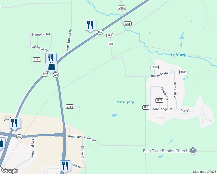 map of restaurants, bars, coffee shops, grocery stores, and more near 8261 County Road 381 in Tyler