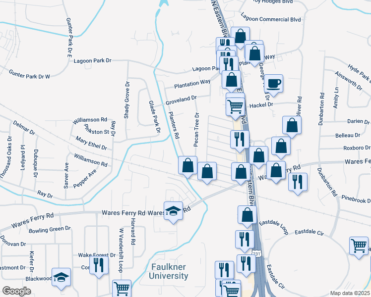 map of restaurants, bars, coffee shops, grocery stores, and more near 436 Planters Road in Montgomery