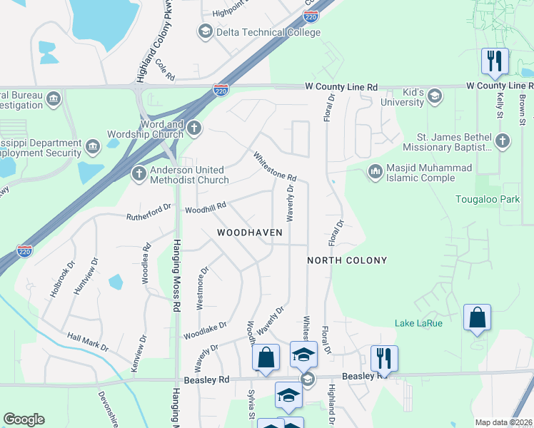 map of restaurants, bars, coffee shops, grocery stores, and more near 6137 Westwind Road in Jackson