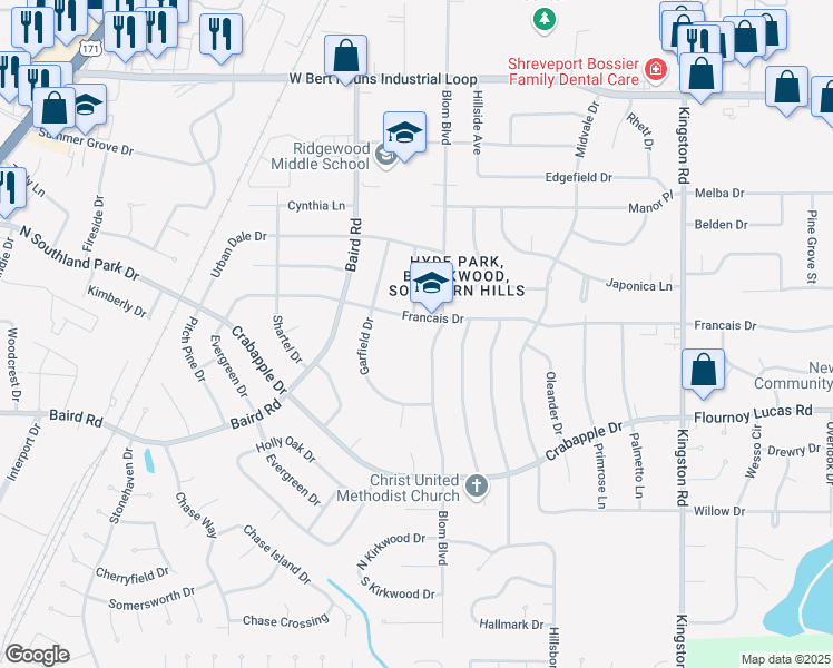 map of restaurants, bars, coffee shops, grocery stores, and more near 2005 Francais Drive in Shreveport