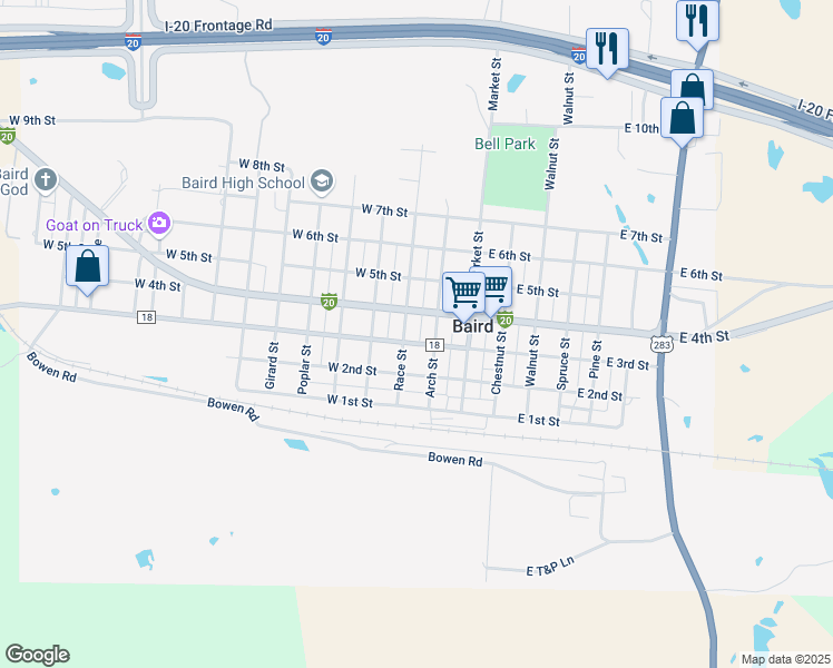 map of restaurants, bars, coffee shops, grocery stores, and more near 208 East 3rd Street in Baird
