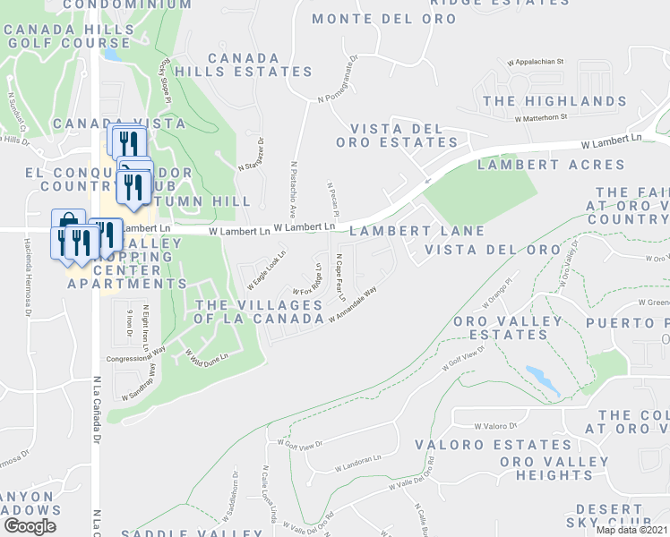map of restaurants, bars, coffee shops, grocery stores, and more near 10311 North Cape Fear Lane in Tucson