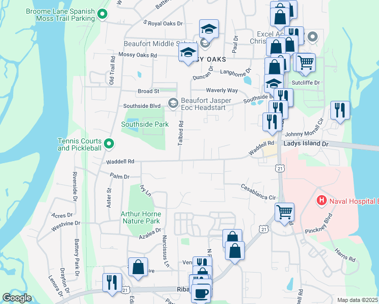map of restaurants, bars, coffee shops, grocery stores, and more near 1302 State Road S-7-504 in Beaufort