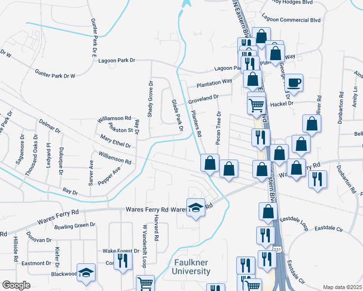 map of restaurants, bars, coffee shops, grocery stores, and more near 220 Avon Court in Montgomery