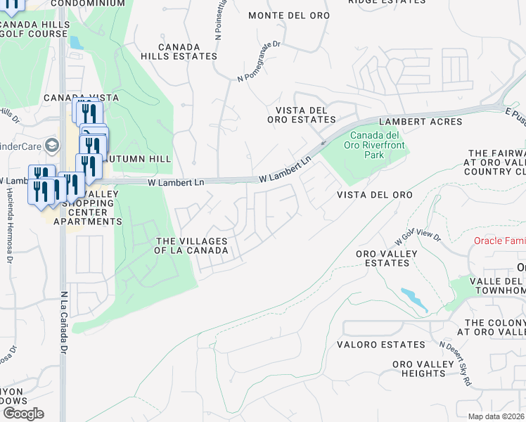 map of restaurants, bars, coffee shops, grocery stores, and more near 10317 North Mineral Spring Lane in Oro Valley