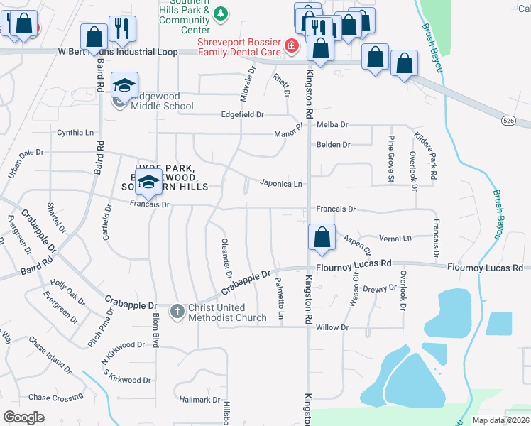 map of restaurants, bars, coffee shops, grocery stores, and more near 9400 Palmetto Lane in Shreveport