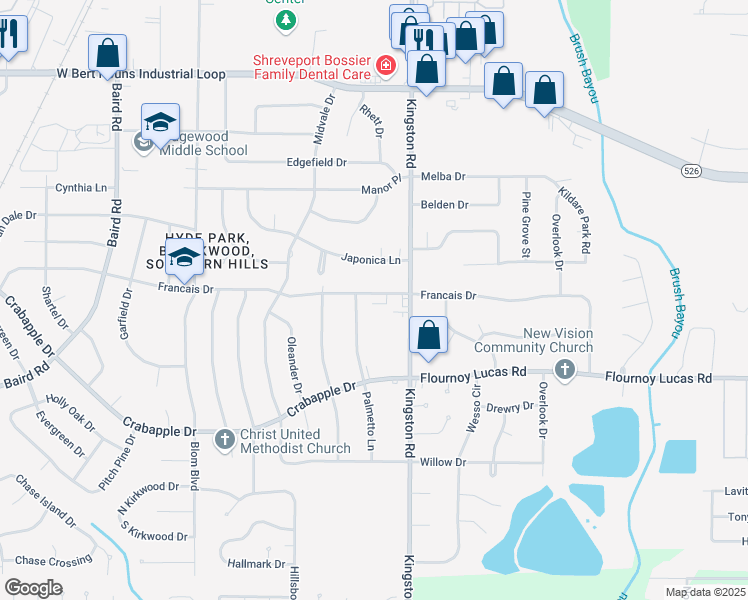 map of restaurants, bars, coffee shops, grocery stores, and more near 921 Francais Drive in Shreveport
