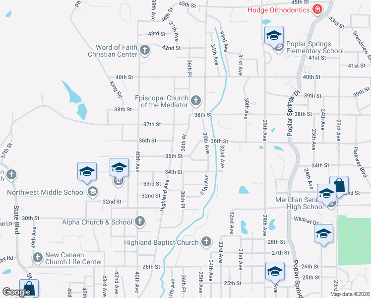 map of restaurants, bars, coffee shops, grocery stores, and more near 3512 36th Place in Meridian