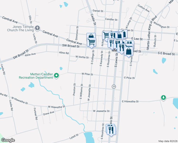map of restaurants, bars, coffee shops, grocery stores, and more near 286 South College Street in Metter