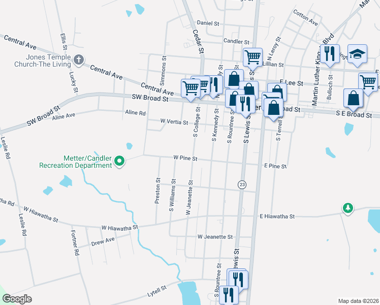 map of restaurants, bars, coffee shops, grocery stores, and more near 286 South College Street in Metter