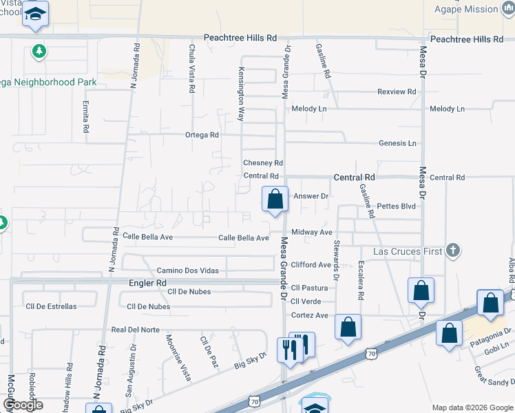 map of restaurants, bars, coffee shops, grocery stores, and more near 6229 Mesa Grande Drive in Las Cruces