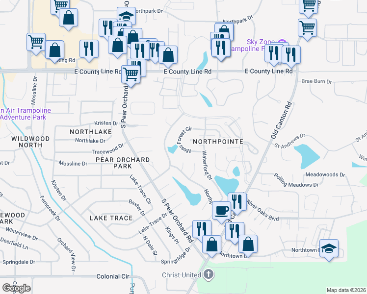 map of restaurants, bars, coffee shops, grocery stores, and more near 40 Moss Forest Cir in Jackson