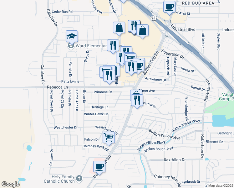 map of restaurants, bars, coffee shops, grocery stores, and more near 3117 Primrose Drive in Abilene