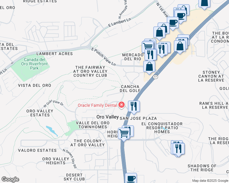 map of restaurants, bars, coffee shops, grocery stores, and more near 345 East Desert Golf Place in Oro Valley