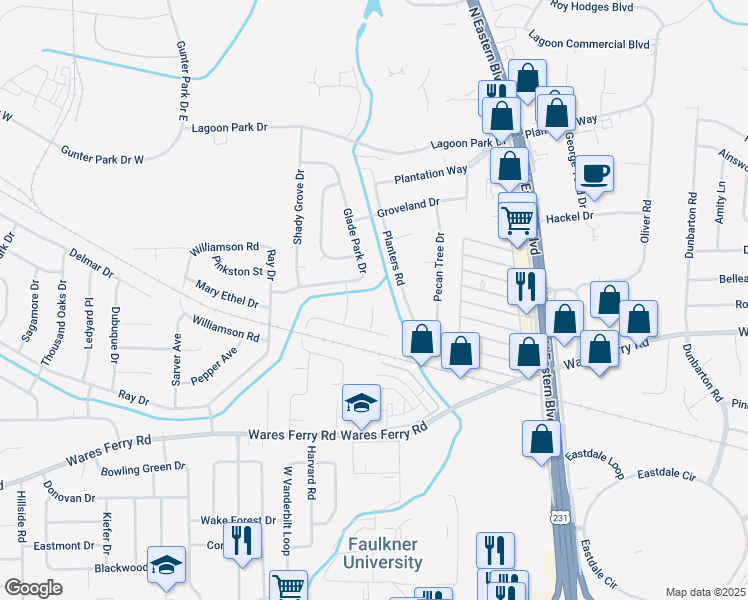 map of restaurants, bars, coffee shops, grocery stores, and more near 220 Avon Court in Montgomery
