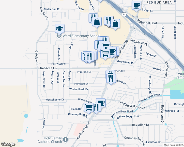 map of restaurants, bars, coffee shops, grocery stores, and more near 3117 Primrose Drive in Abilene
