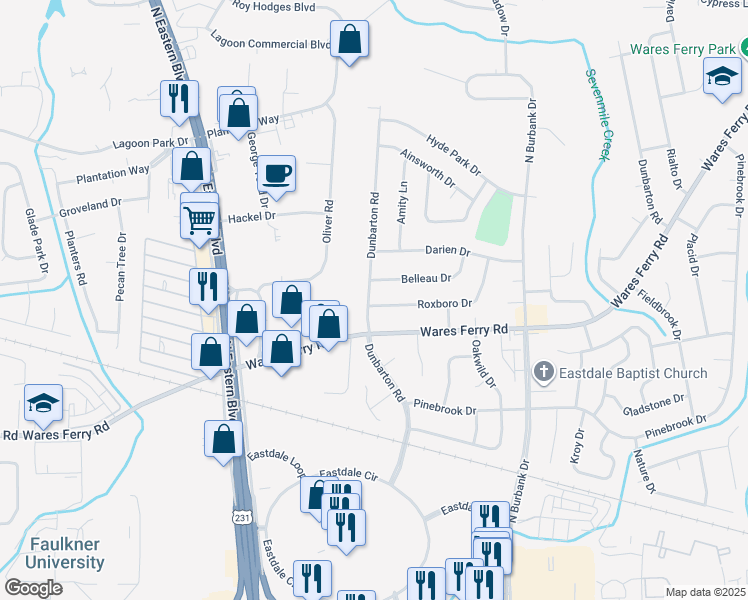 map of restaurants, bars, coffee shops, grocery stores, and more near 690 Dunbarton Road in Montgomery