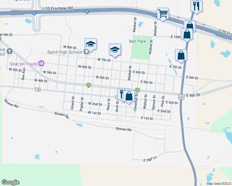 map of restaurants, bars, coffee shops, grocery stores, and more near 208 East 3rd Street in Baird