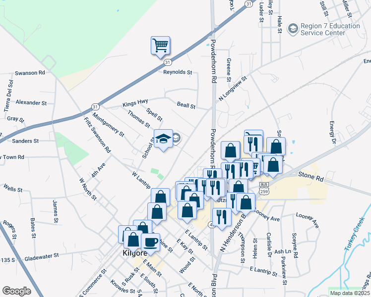 map of restaurants, bars, coffee shops, grocery stores, and more near 900 North Longview Street in Kilgore