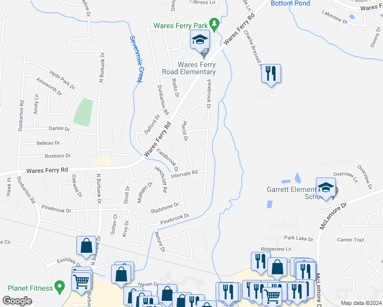 map of restaurants, bars, coffee shops, grocery stores, and more near 526 Placid Drive in Montgomery