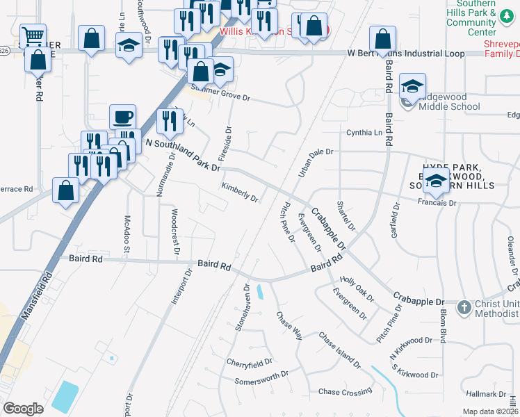 map of restaurants, bars, coffee shops, grocery stores, and more near 1125 Kimberly Dr in Shreveport