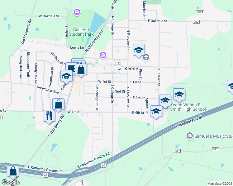map of restaurants, bars, coffee shops, grocery stores, and more near 103 2nd Street in Cleburne