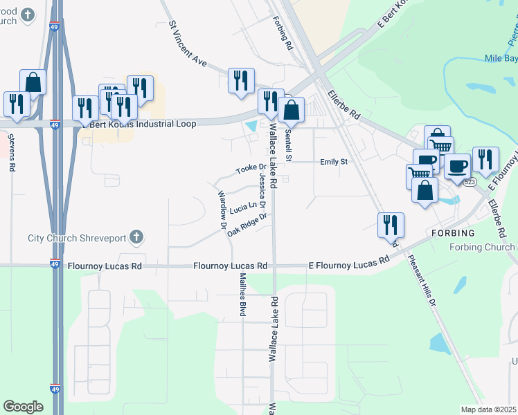 map of restaurants, bars, coffee shops, grocery stores, and more near 103 Lucia Ln in Shreveport