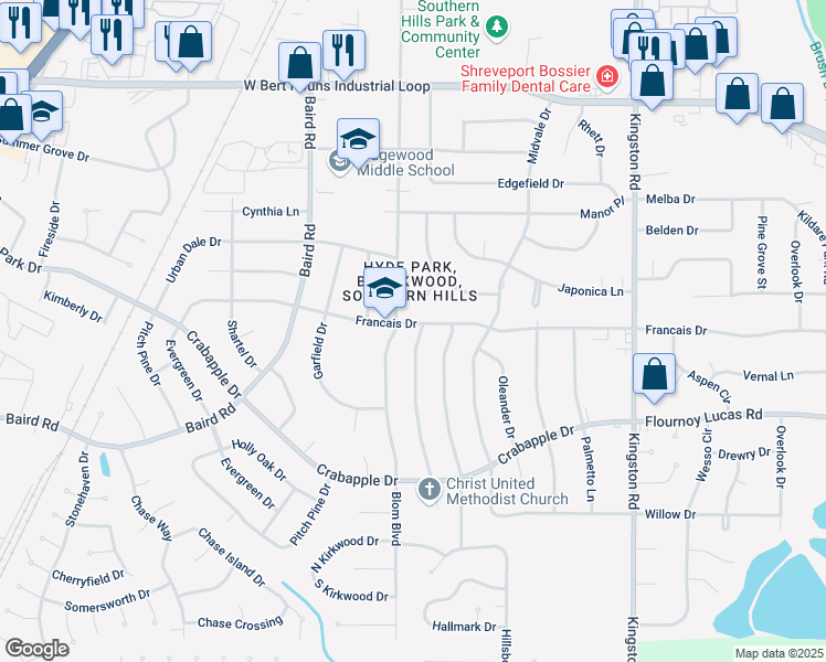 map of restaurants, bars, coffee shops, grocery stores, and more near 1225 Francais Drive in Shreveport