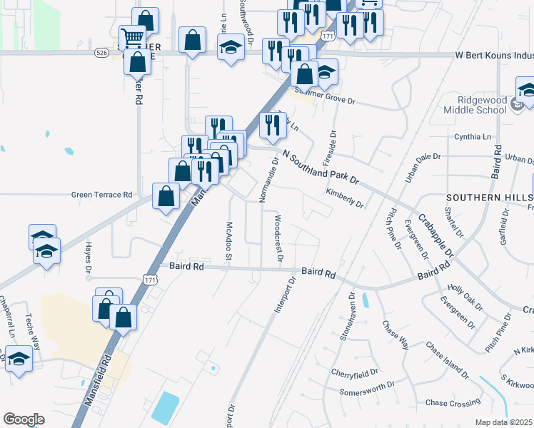 map of restaurants, bars, coffee shops, grocery stores, and more near 9411 Normandie Dr in Shreveport
