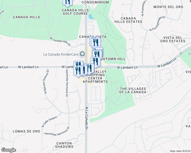 map of restaurants, bars, coffee shops, grocery stores, and more near 1301 West Lambert Lane in Oro Valley