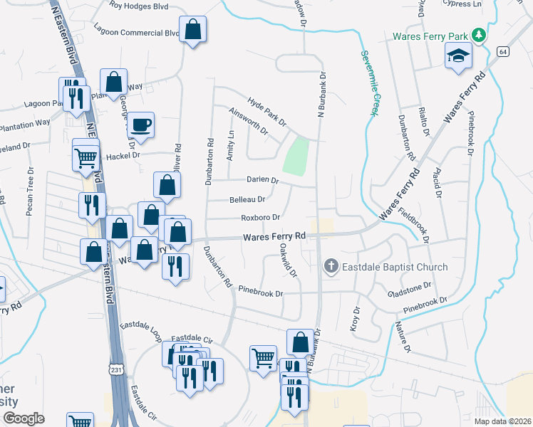 map of restaurants, bars, coffee shops, grocery stores, and more near 5785 Roxboro Drive in Montgomery