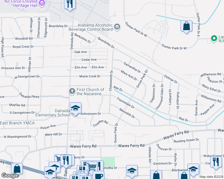 map of restaurants, bars, coffee shops, grocery stores, and more near 569 Chatsworth Drive in Montgomery