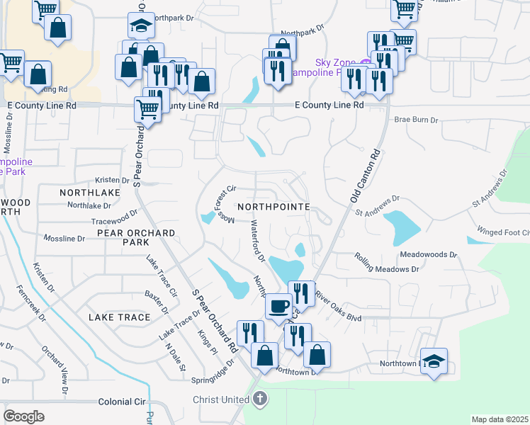 map of restaurants, bars, coffee shops, grocery stores, and more near 201 Northpointe Parkway in Jackson