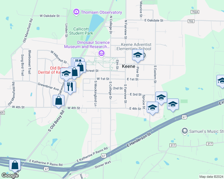 map of restaurants, bars, coffee shops, grocery stores, and more near 103 2nd Street in Cleburne