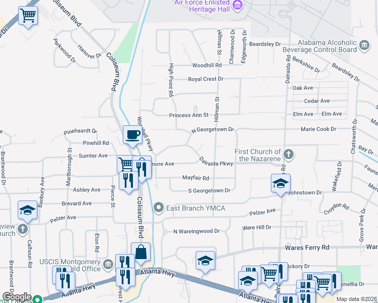 map of restaurants, bars, coffee shops, grocery stores, and more near 3518 Dalraida Pkwy in Montgomery
