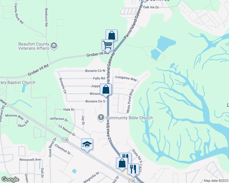 map of restaurants, bars, coffee shops, grocery stores, and more near 1 Caswell Avenue in Beaufort