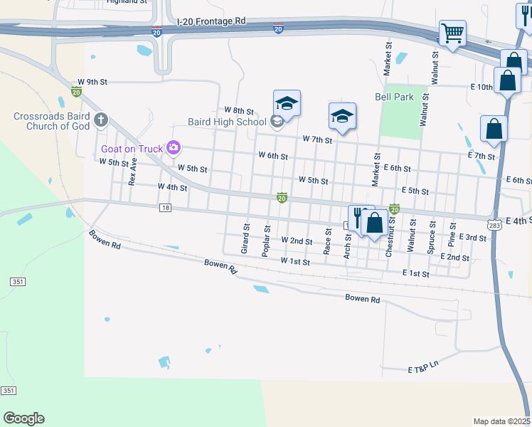 map of restaurants, bars, coffee shops, grocery stores, and more near 600 West 3rd Street in Baird